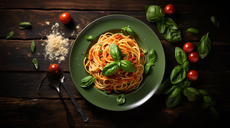 Top view and extreme long shot of classic Italian tomato spaghettis dish on the wooden tableの素材