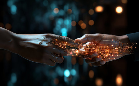 robot hands reaching fingers on a machineの素材