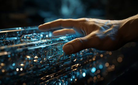 robot hands reaching fingers on a machineの素材