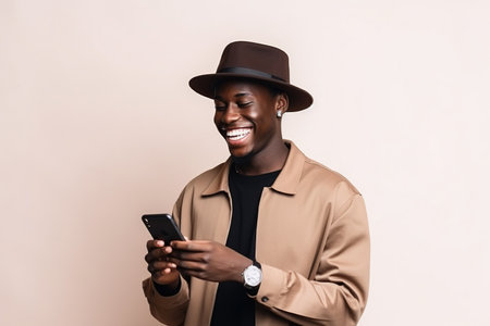 Black man with phone on studio background.の素材