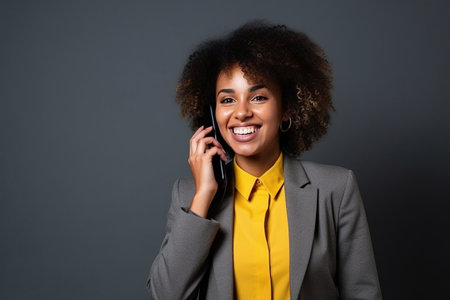 black woman with phone on studio backgroundの素材