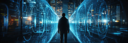 Business and Data Protection, Biometric security identify, face recognition online access business data. Cyber security technology prevent unauthorized access and protect business significant dataの素材