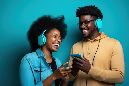 black woman and black man with phone on blue backgroundの素材