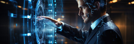 Business and Data Protection, Biometric security identify, face recognition online access business data. Cyber security technology prevent unauthorized access and protect business significant dataの素材