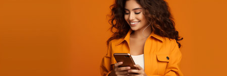 girl with phone on orange backgroundの素材