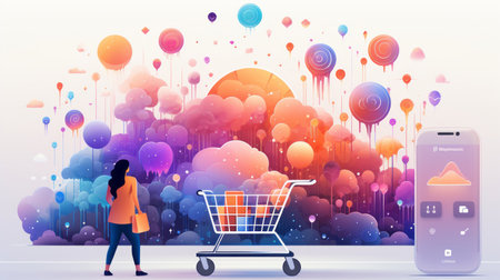 A person pushes a shopping cart and chooses products, lustrationの素材