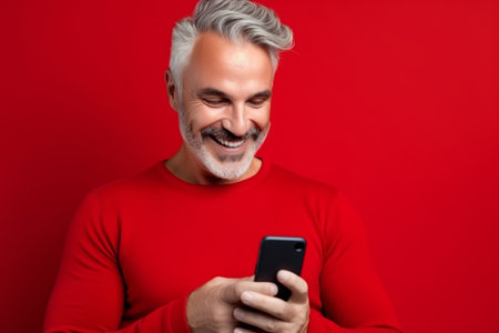 attractive mature man with phone on red backgroundの素材