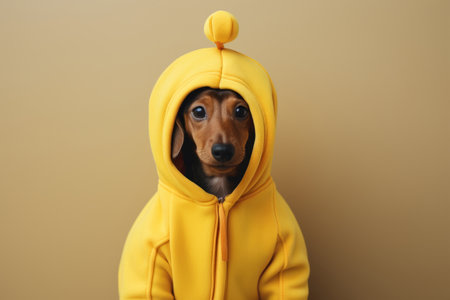 adorable dachshund puppy dressed in funny banana Halloween costumeの素材