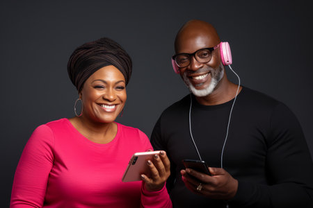 attractive mature black woman and black man with phone on studio color backgroundの素材