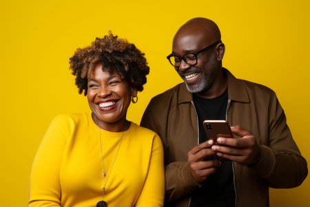 attractive mature black woman and black man with phone on studio color backgroundの素材