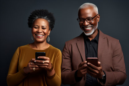 attractive mature black woman and black man with phone on studio color backgroundの素材