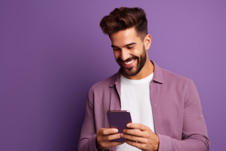 man with phone on purple backgroundの素材