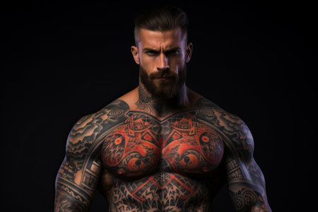 Confident man with muscular body tattooed on black backgroundの素材