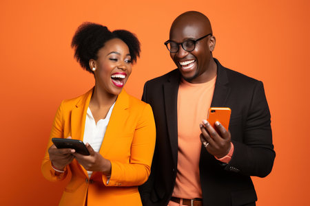 black woman and black man with phone on orange backgroundの素材