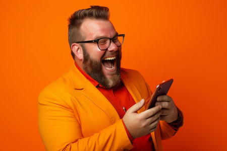 man with phone on orange backgroundの素材