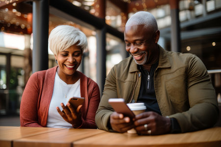 attractive mature black woman and black man with phone on studio color backgroundの素材
