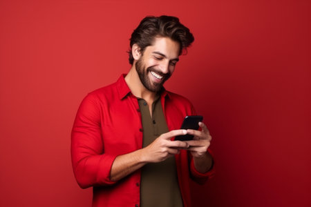 man with phone on red backgroundの素材