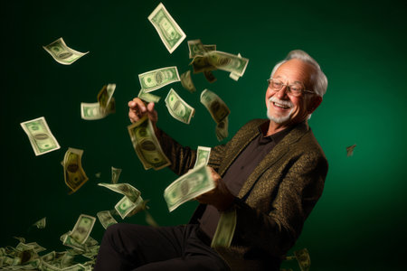 senior man and flying money on studio black backgroundの素材