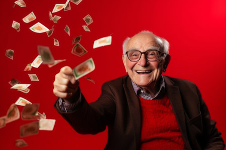 senior man and flying money on studio red backgroundの素材