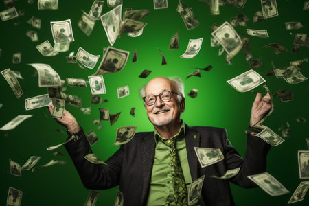 senior man and flying money on studio green backgroundの素材