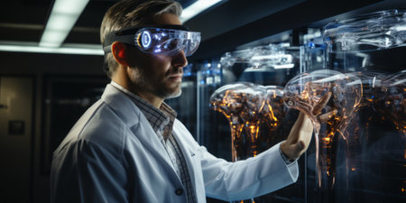 medical technology. Health care, Medicine doctor using virtual reality headset with robots to research and testing result of patients on virtual interface, VR, innovation and science to the futureの素材