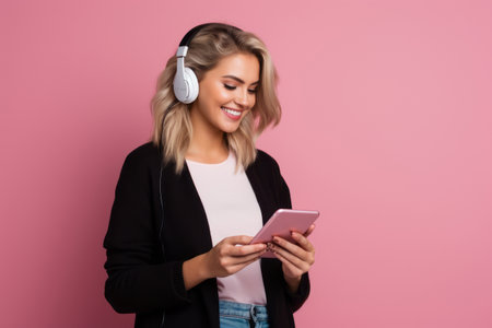 woman with phone on pink backgroundの素材