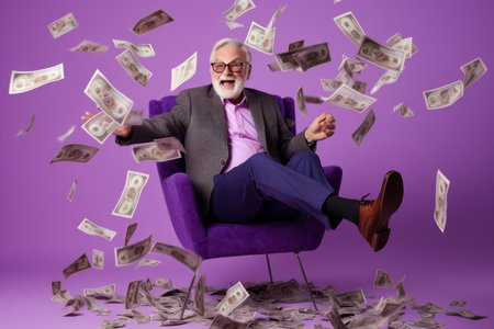 senior man and flying money on studio violet backgroundの素材