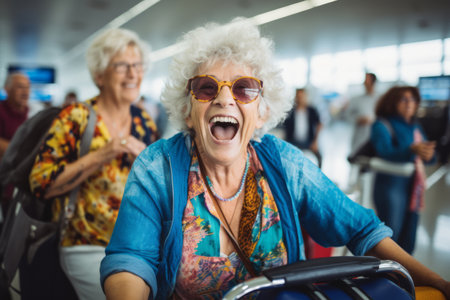 very happy old woman at airport terminalの素材
