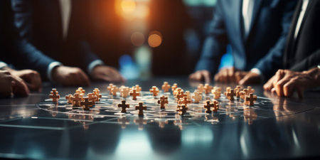 Teamwork and partnership concept. Businessman hold jigsaw puzzle pieces with teamwork icon. business solutions. Development. Unity and cooperation, Strategy and target of business growth.の素材