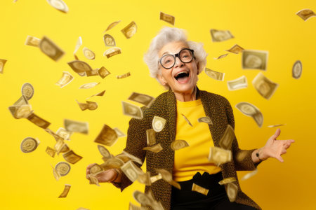 senior woman and flying money on studio yellow backgroundの素材