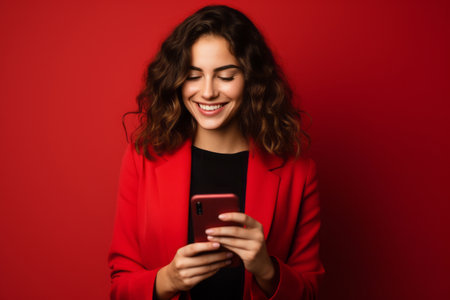 woman with phone on red backgroundの素材