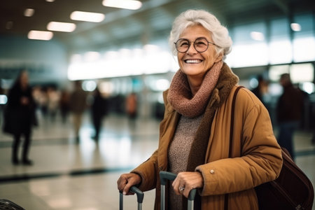 very happy old woman at airport terminalの素材