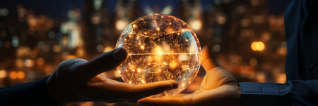 Hand of businessman touching circle global network connection and data exchanges on sunset background, Business networking with customer, Science, Innovation, Communication and technology conceptの素材