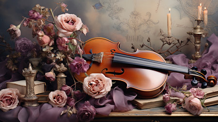Delicate grunge texture chiaroscuro junk journal paper illustration of distressed rococo antique fantasy background watercolor style romance roses petal and vintage Violinの素材