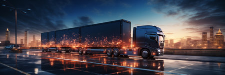 Transportation and logistics network distribution growth. Container cargo ship and trucks of industrial freight for shipping. Business logistic import export and transport industry. global businessの素材