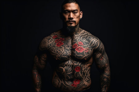 Confident man with muscular body tattooed on black backgroundの素材