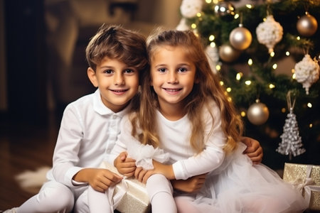 Beautiful young family enjoying their holiday time together, cute happy children sitting by the Christmas tree in the living room smiling. Merry Christmas, Holiday and family conceptの素材