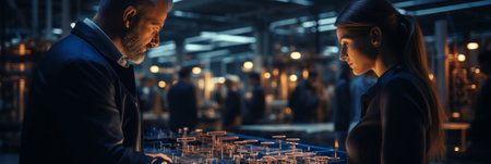 Male and female industrial engineers using tablet computer and blueprints checking and analyzing data of power plant station project on network backgroundの素材