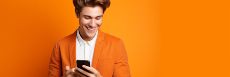 Man with phone on orange background.の素材