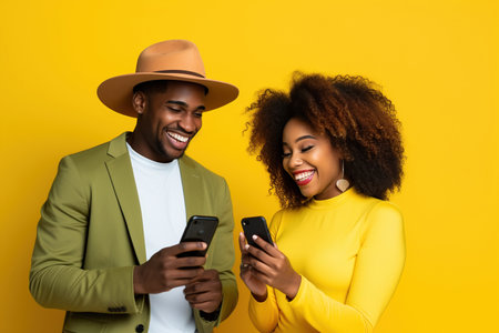 black woman and black man with phone on yellow backgroundの素材