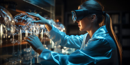 medical technology. Health care, Medicine doctor using virtual reality headset with robots to research and testing result of patients on virtual interface, VR, innovation and science to the futureの素材