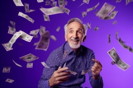 senior man and flying money on studio violet backgroundの素材