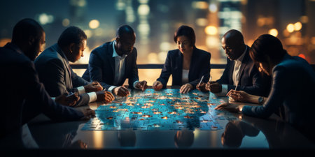 Teamwork and partnership concept. Businessman hold jigsaw puzzle pieces with teamwork icon. business solutions. Development. Unity and cooperation, Strategy and target of business growth.の素材