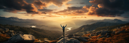 Success man hiker hiking on sunrise mountain peakの素材