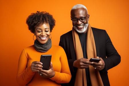 attractive mature black woman and black man with phone on studio color backgroundの素材