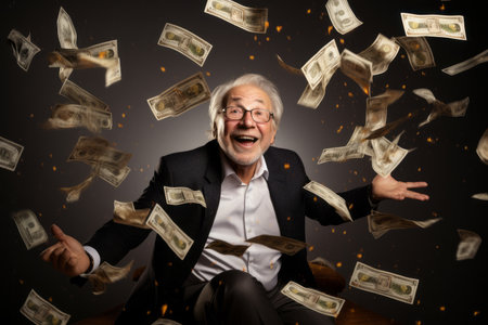 senior man and flying money on studio black backgroundの素材