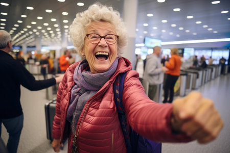 very happy old woman at airport terminalの素材