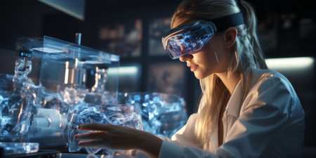 medical technology. Health care, Medicine doctor using virtual reality headset with robots to research and testing result of patients on virtual interface, VR, innovation and science to the futureの素材