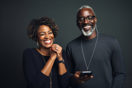 attractive mature black woman and black man with phone on studio color backgroundの素材