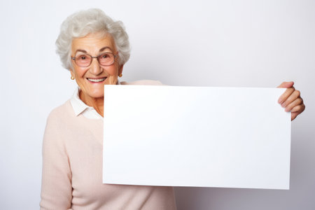 Happy old woman holding blank white banner sign, isolated studio portraitの素材